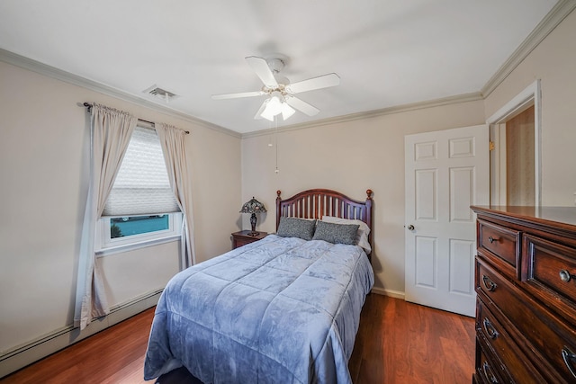 bedroom with baseboard heating, dark hardwood / wood-style flooring, ornamental molding, and ceiling fan