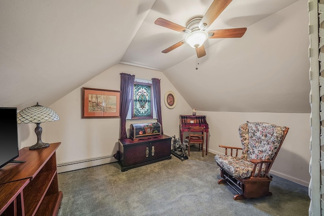 living area with lofted ceiling, a baseboard heating unit, ceiling fan, and carpet flooring