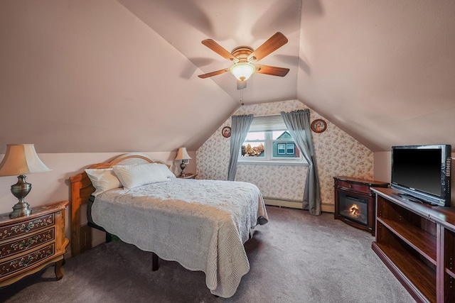 bedroom featuring ceiling fan, carpet flooring, lofted ceiling, and baseboard heating