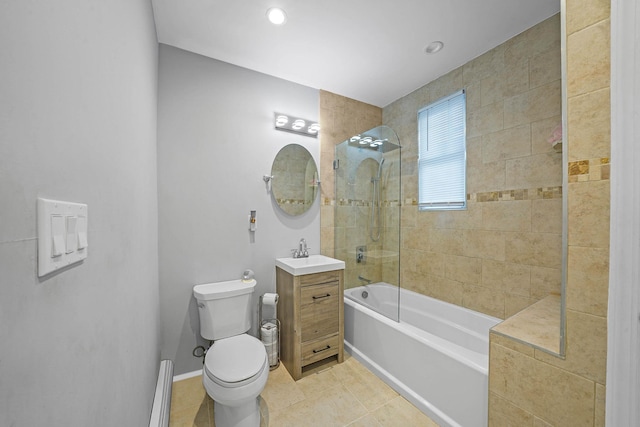 bathroom with a baseboard radiator, toilet, vanity, and tile patterned flooring