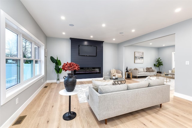 living room featuring a large fireplace and light hardwood / wood-style flooring