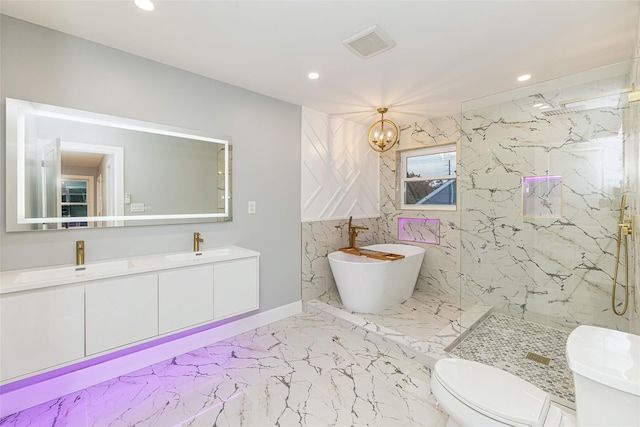 full bathroom featuring toilet, vanity, independent shower and bath, and a chandelier