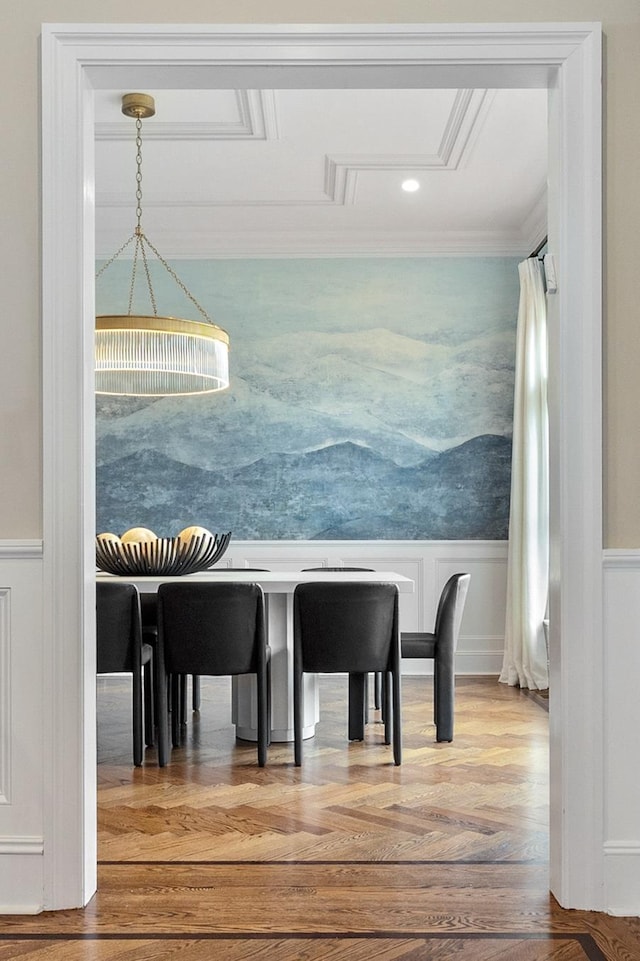 bar with crown molding and pendant lighting