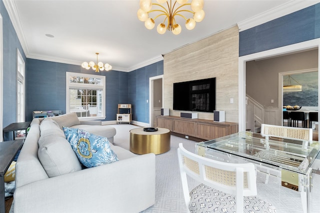 living room featuring ornamental molding and an inviting chandelier