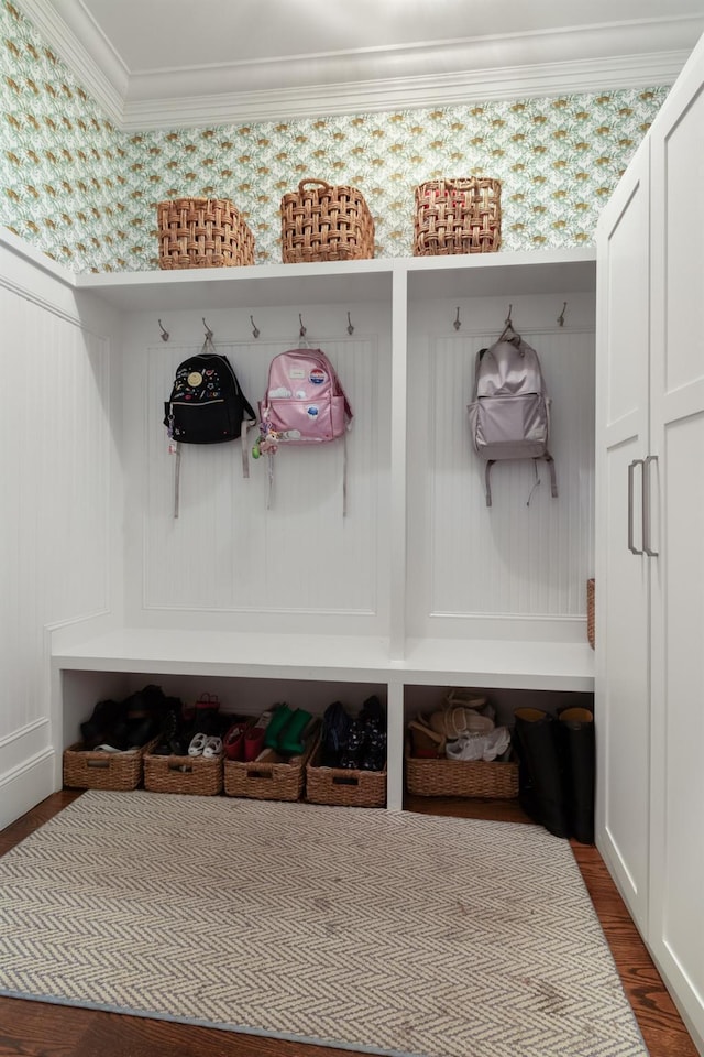 mudroom featuring dark hardwood / wood-style flooring and crown molding