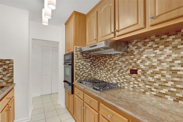 kitchen with stainless steel gas stovetop, oven, tasteful backsplash, light tile patterned flooring, and light brown cabinets