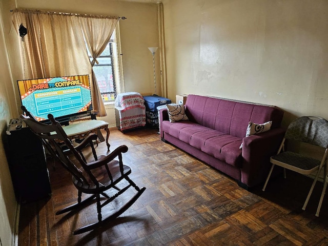 living room featuring dark parquet flooring