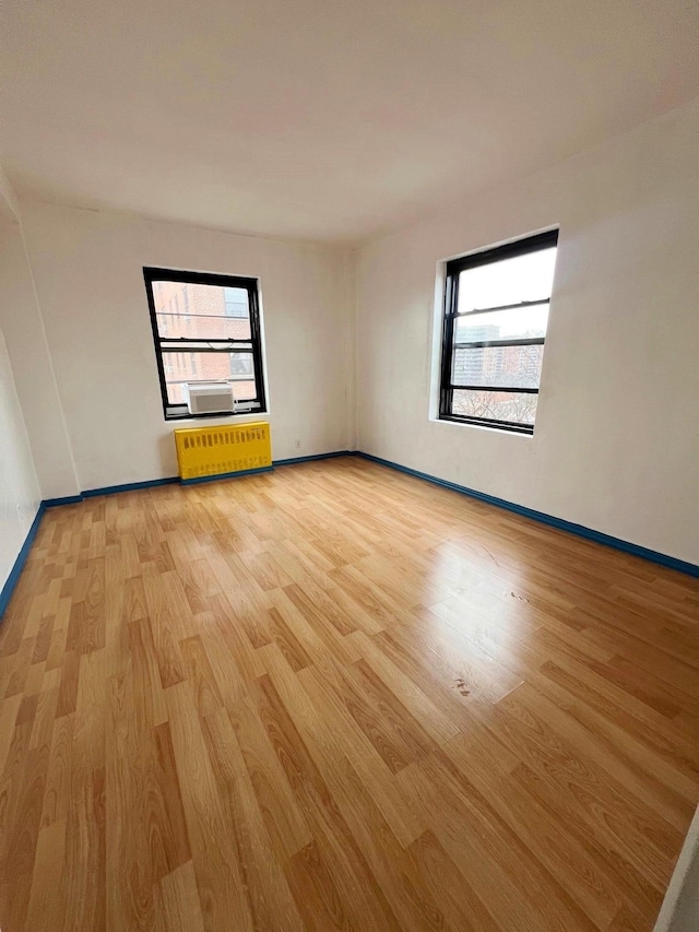 spare room with radiator, a wealth of natural light, and light hardwood / wood-style flooring