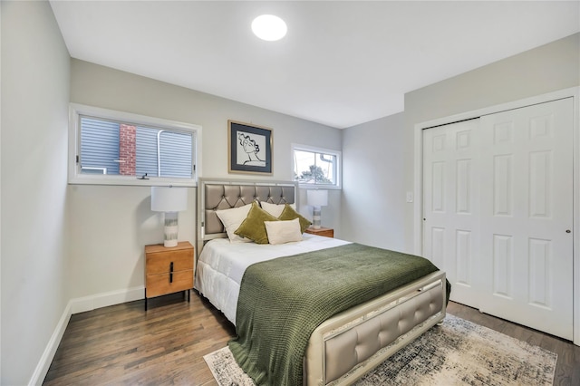 bedroom featuring dark hardwood / wood-style floors and a closet