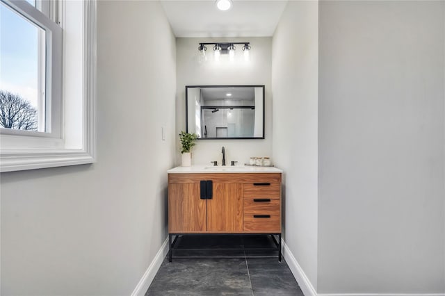 bathroom featuring vanity and walk in shower