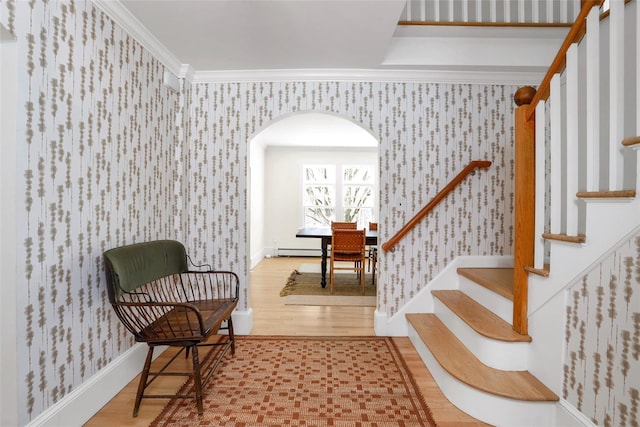 living area with ornamental molding, wood-type flooring, and a baseboard radiator