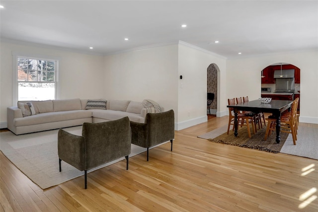 living room with crown molding and light wood-type flooring