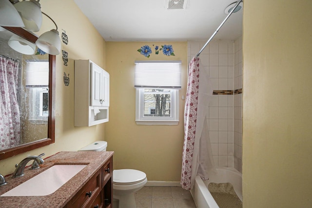 full bathroom featuring toilet, tile patterned flooring, shower / bathtub combination with curtain, and vanity