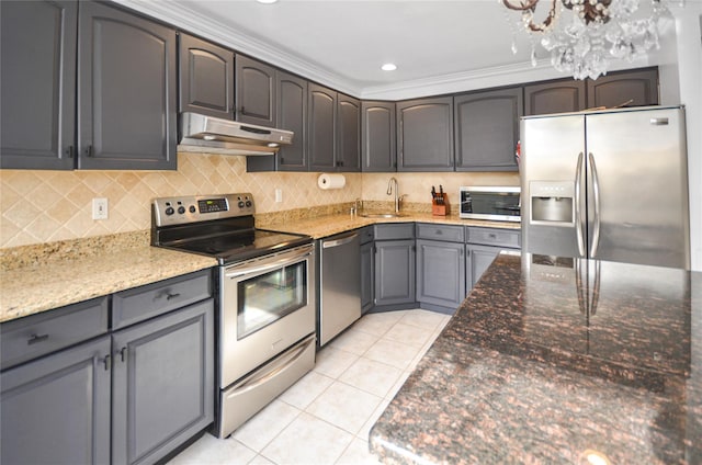 kitchen with sink, backsplash, light tile patterned floors, ornamental molding, and stainless steel appliances