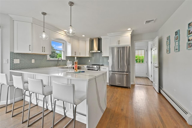 kitchen featuring appliances with stainless steel finishes, white cabinetry, a baseboard heating unit, kitchen peninsula, and wall chimney exhaust hood