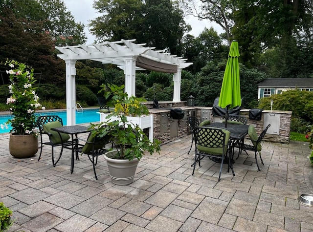 view of patio featuring an outdoor kitchen and a pergola