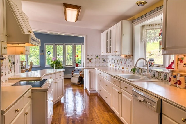 kitchen with black electric stovetop, dark hardwood / wood-style floors, backsplash, white dishwasher, and sink