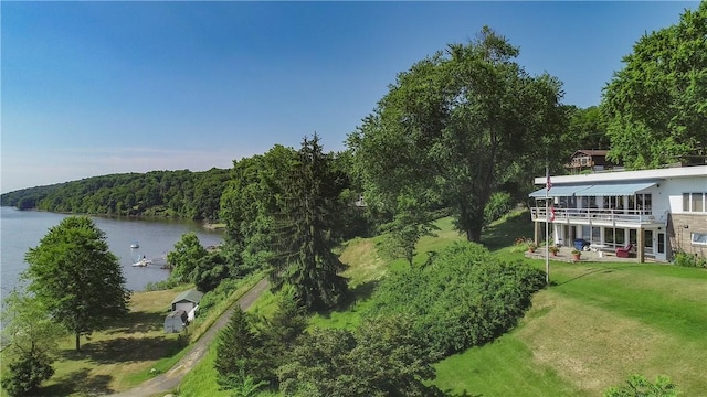 aerial view featuring a water view