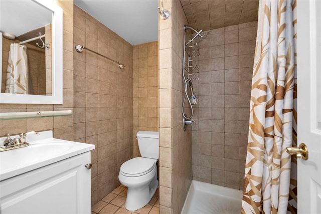 bathroom with tile walls, backsplash, tile patterned flooring, toilet, and a shower with curtain