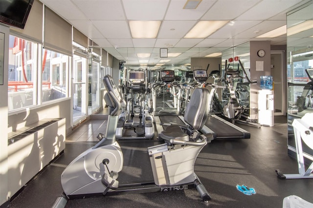 workout area featuring a healthy amount of sunlight and a drop ceiling