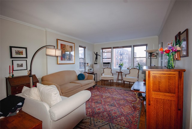 living room with hardwood / wood-style floors, ornamental molding, and cooling unit