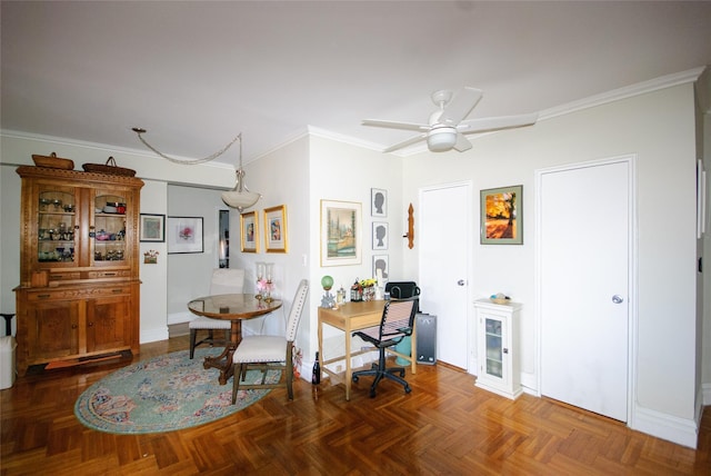 dining area featuring dark parquet floors, ceiling fan, and ornamental molding