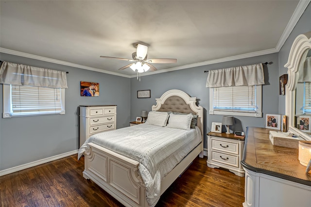 bedroom with ceiling fan, multiple windows, dark hardwood / wood-style floors, and ornamental molding