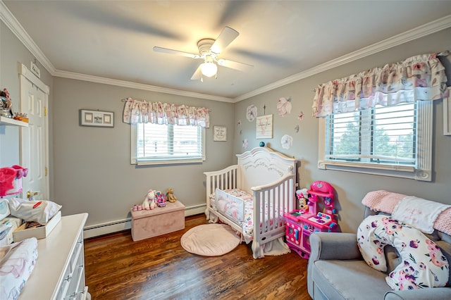 bedroom featuring ceiling fan, baseboard heating, dark hardwood / wood-style floors, and crown molding