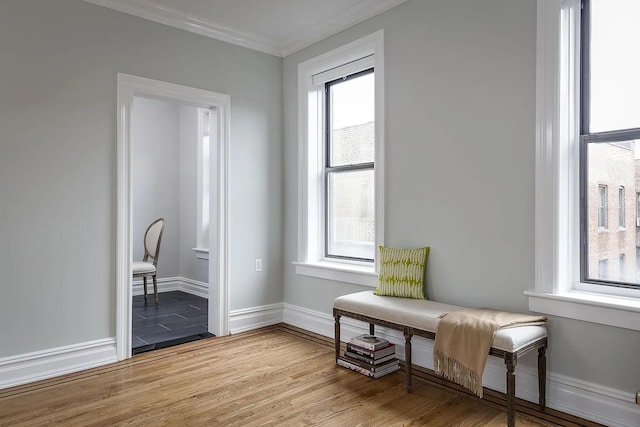 living area with ornamental molding, plenty of natural light, and light hardwood / wood-style flooring