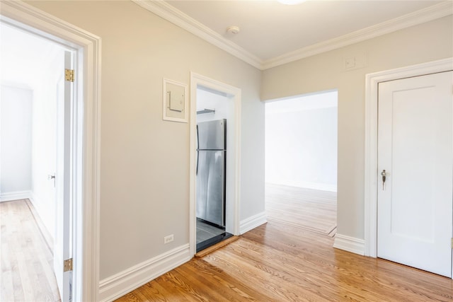 hallway featuring ornamental molding and light wood-type flooring