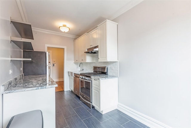 kitchen featuring backsplash, ornamental molding, light stone countertops, and appliances with stainless steel finishes