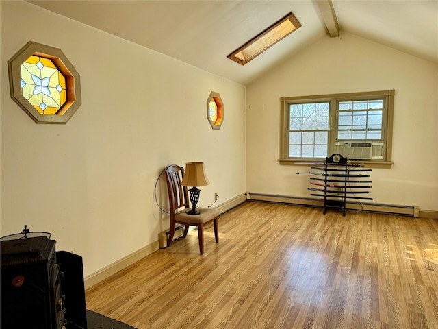 living area with a baseboard radiator, vaulted ceiling with skylight, light hardwood / wood-style floors, and cooling unit