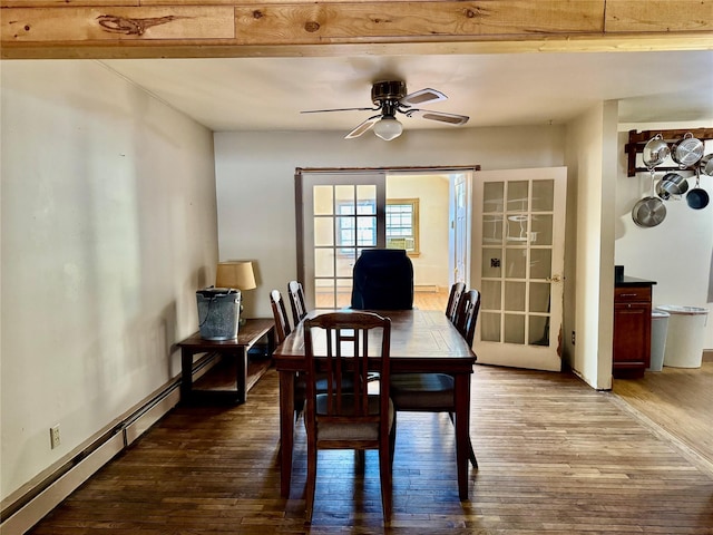 dining room featuring dark hardwood / wood-style flooring, ceiling fan, and baseboard heating