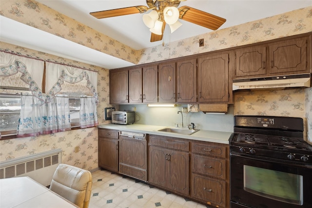 kitchen with dishwasher, radiator, gas stove, sink, and ceiling fan