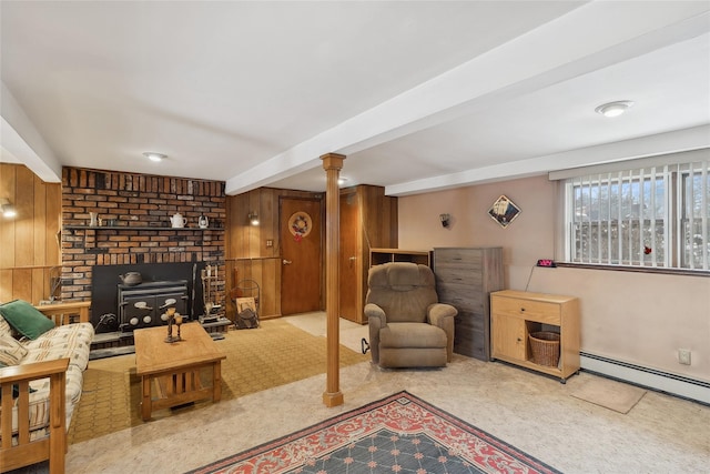 carpeted living room featuring beamed ceiling, wood walls, and baseboard heating