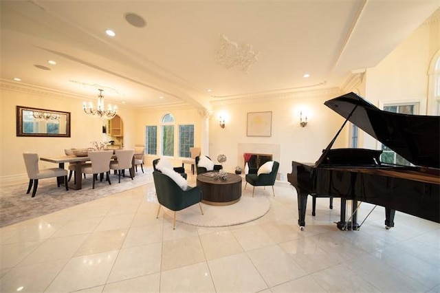 sitting room with ornamental molding, a notable chandelier, and light tile patterned flooring