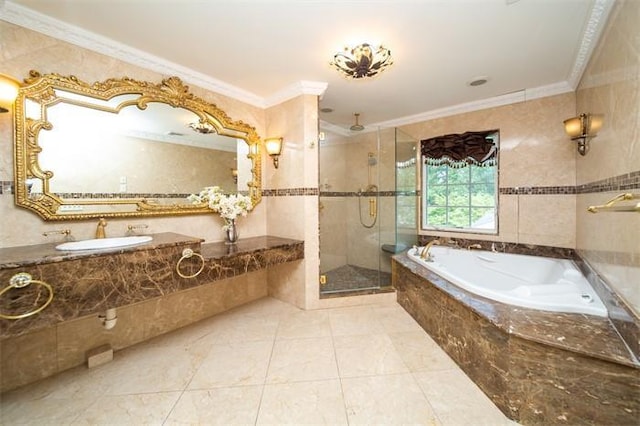 bathroom with crown molding, tile patterned flooring, and plus walk in shower