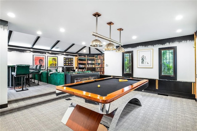 recreation room featuring pool table and light carpet