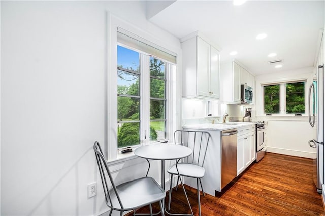 kitchen featuring white cabinetry, stainless steel appliances, dark hardwood / wood-style flooring, and light stone counters