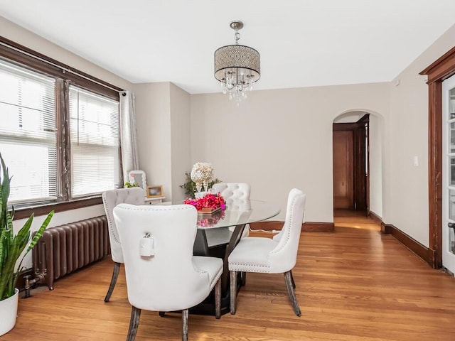 dining room featuring radiator heating unit, light hardwood / wood-style floors, and an inviting chandelier