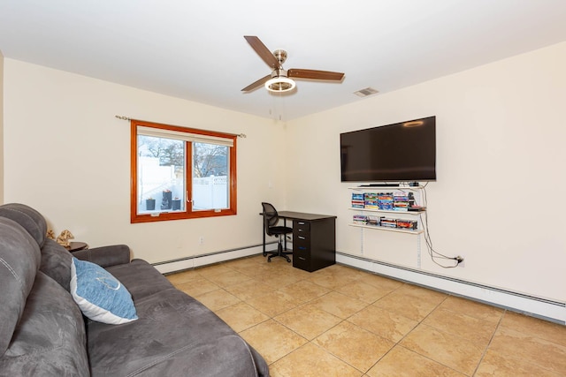 living room featuring a baseboard radiator, light tile patterned floors, and ceiling fan