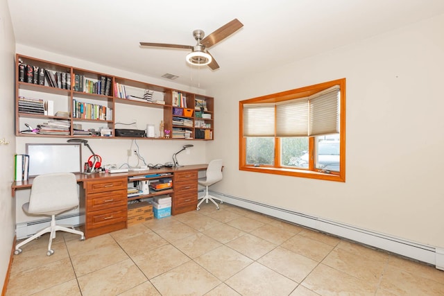 office space featuring ceiling fan and a baseboard radiator