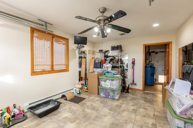 miscellaneous room with baseboard heating, water heater, and ceiling fan