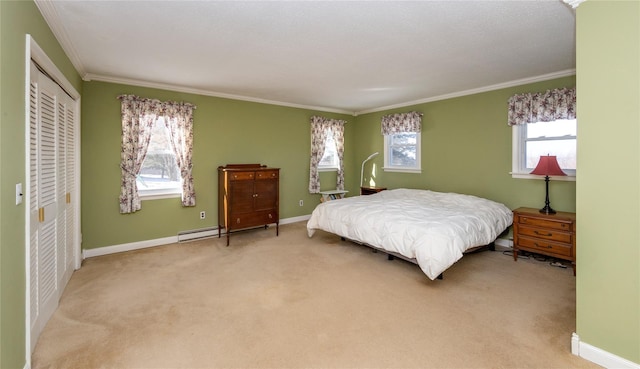 94 S Quaker Hill Rd, Pawling, NY 12564 - bedroom featuring multiple windows, crown molding, baseboards, light carpet, and a closet