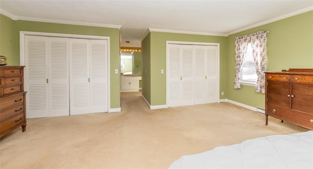 94 S Quaker Hill Rd, Pawling, NY 12564 - bedroom featuring multiple closets, crown molding, light carpet, baseboards, and baseboard heating