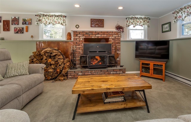 94 S Quaker Hill Rd, Pawling, NY 12564 - living room featuring carpet, a baseboard radiator, healthy amount of natural light, ornamental molding, and recessed lighting
