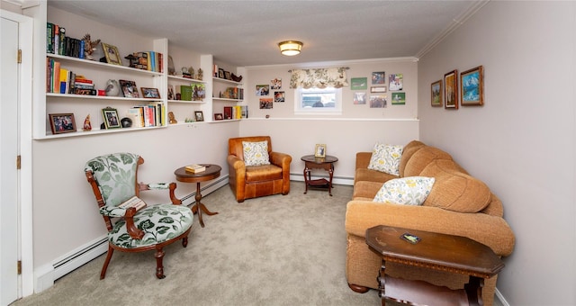 94 S Quaker Hill Rd, Pawling, NY 12564 - living area featuring carpet flooring, a baseboard heating unit, and crown molding