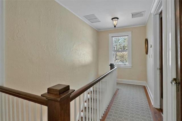 hallway featuring crown molding and carpet flooring