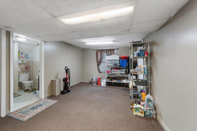 basement featuring carpet and a drop ceiling