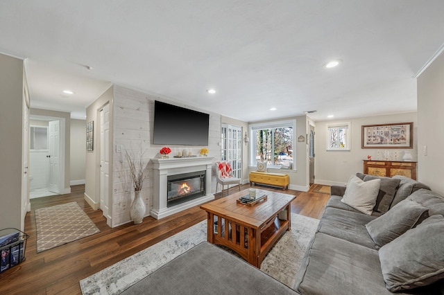 living room with hardwood / wood-style flooring, crown molding, and a fireplace